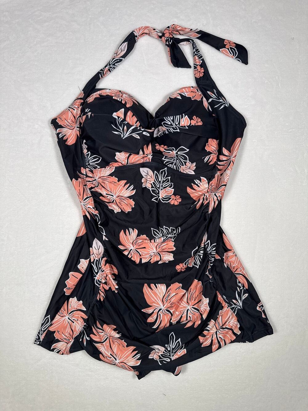 NWOT Peach Black & White Tropical Print Swimdress with Halter Top